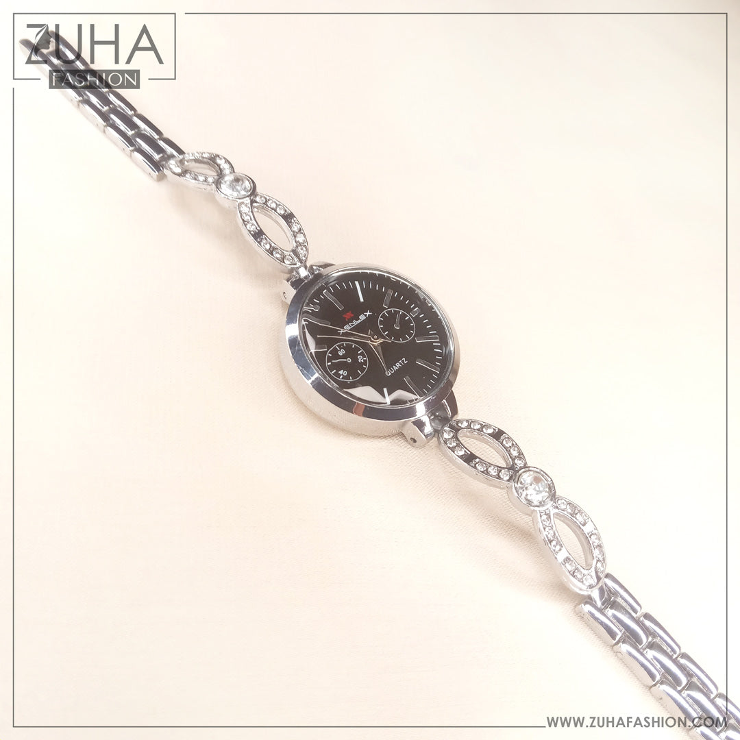 Crystal Silver Black Ladies Watch 0111