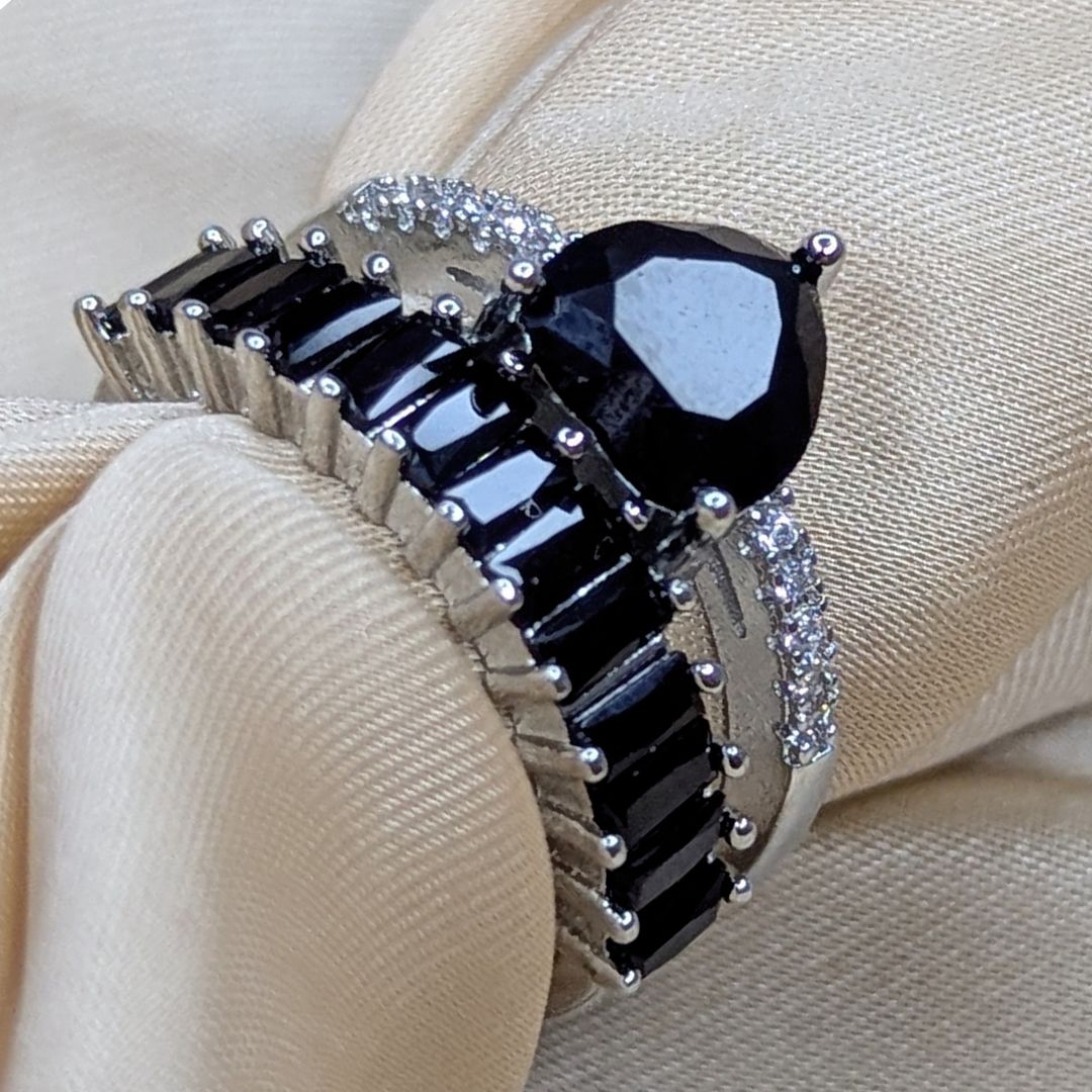 Double Heart Silver Black Adjustable Ring 4137