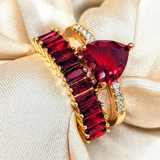 Double Heart Red Adjustable Golden Ring 4135